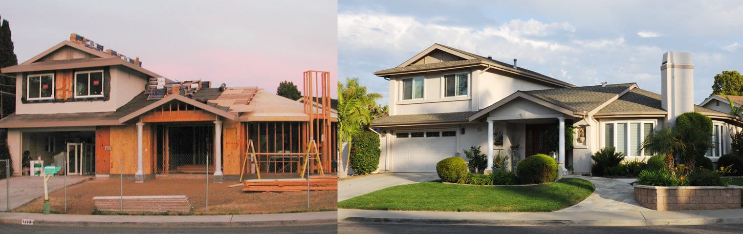 Collage of before and after construction of houses with a street in front of them