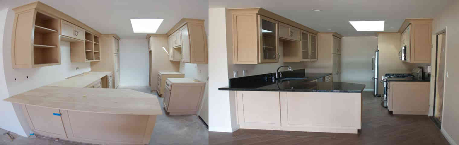 Two pictures of a kitchen with cabinets and a sink